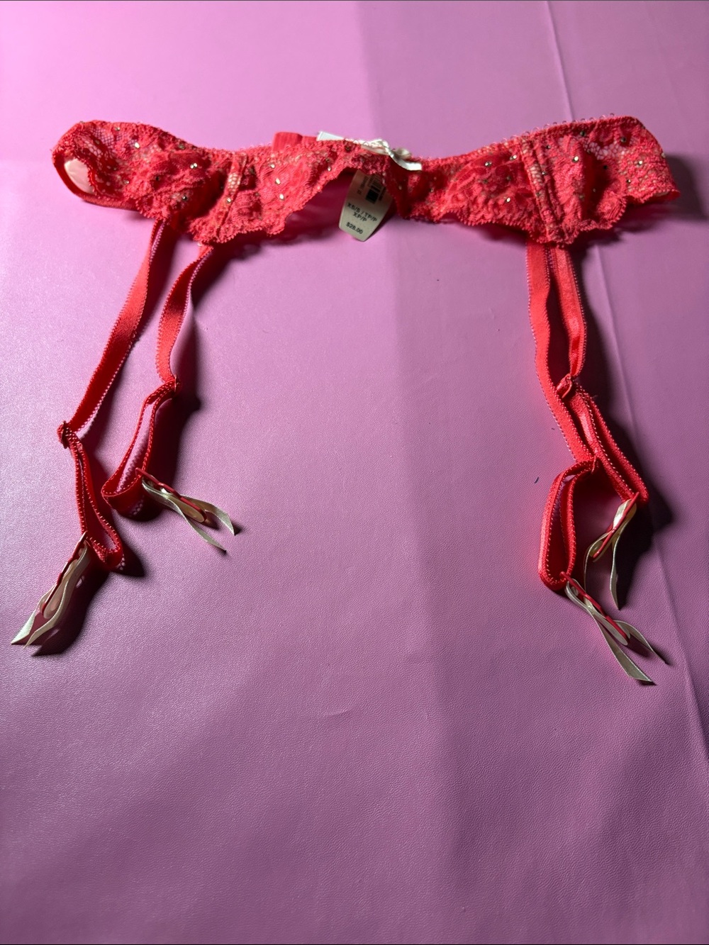 Victoria's Secret Red Lace Garter Belt with Rhinestone Trim